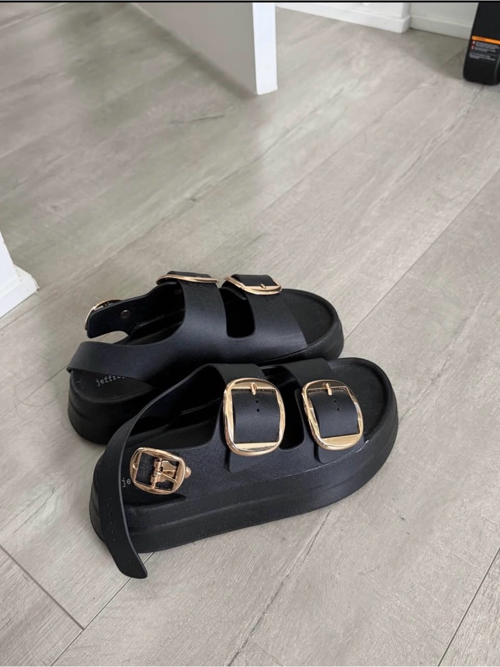 Jeffrey Campbell Black Platform Sandals with Gold Buckles